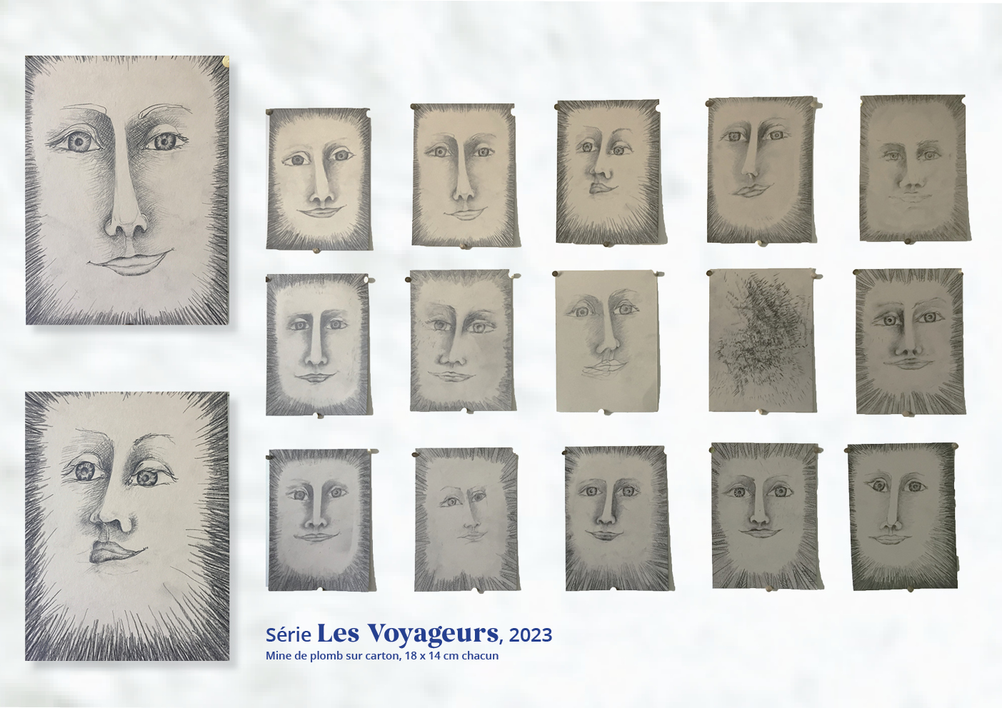 Barbara Thaden. Série Les Voyageurs, 2023
Mine de plomb sur carton, 18 x 14 cm chacun